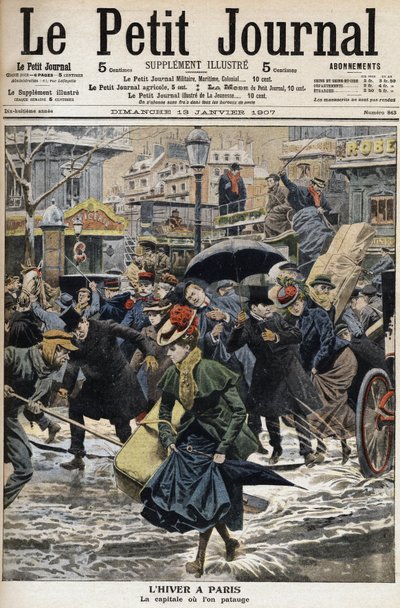Winter in Paris: the pegs are wading in the melted snow and the diligences of passers-by. Engraving on the front page of the Petity Journal by Anonymous Anonymous