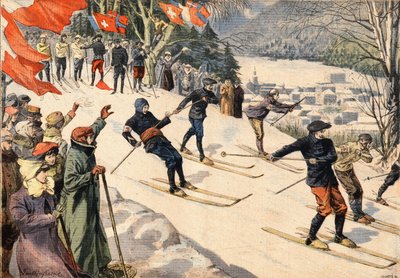 Winter sport: Ski competition in Chamonix in Haute Savoie in the Alps, France. Swiss and French flags encourage skiers. Engraving from the newspaper Le Petit Parisien by Anonymous Anonymous