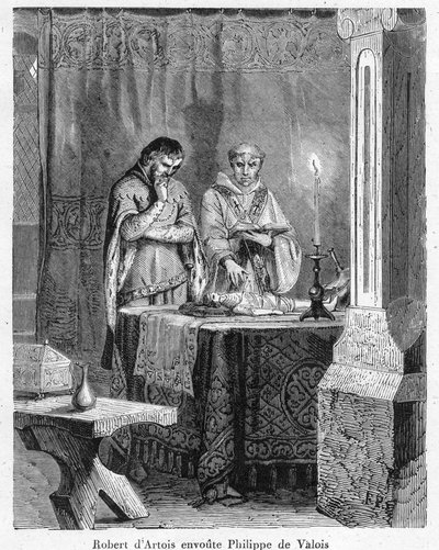 Witchcraft and black magic: The Lord Robert III of Artois enchanting John of Valois, son of King Philip VI, on a doll of wax in his image (voodoo) by Anonymous Anonymous