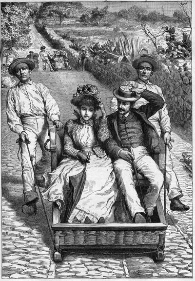 Basket Carts in Madeira 1893 - Les corinhos (carrieros) in Madeira - men guiding a seat in two places on wheels (a corinho) - engraving in 