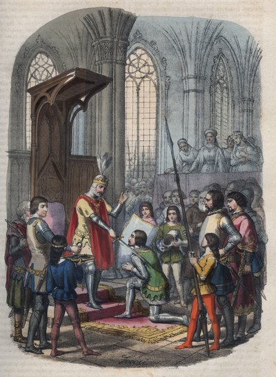 Knighting - Arthur I, Duke of Brittany or Arthur Plantagenet, after taking Gournay-en-Bray, knighted by Philip II or Philip Augustus by Anonymous Anonymous