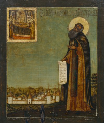 Saint Cyril of White Lake with View of the Kirillo-Belozersky Monastery by Anonymous Russian icon painter