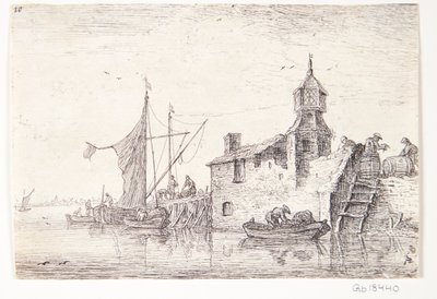 Landing Place with Building with a Tower by Anthonie Waterloo