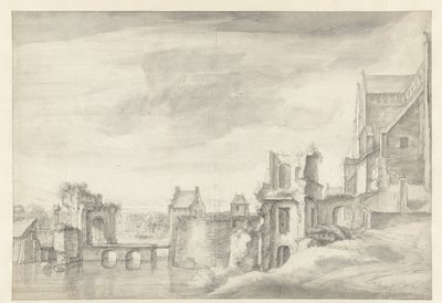 View of Ruins on a Riverbank (St. Walburgkerk in Arnhem?) by Anthonie Waterloo