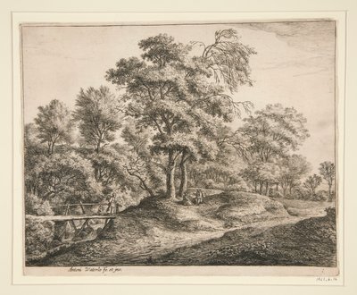The Peasant Woman and the Girl on the Little Wooden Bridge by Anthonie Waterloo
