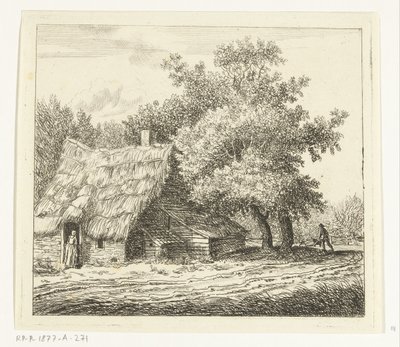 Farmhouse with Woman at the Door and a Man with Wheelbarrow on a Path by Anthonie van den Bos