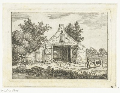 Man with Cow in Front of a Barn Outside Hattem by Anthonie van den Bos