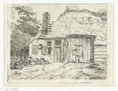 Man Sitting and Working on a Scythe in Front of a House by Anthonie van den Bos