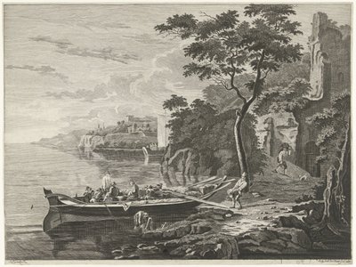 Figures by a Boat in a Mountain Landscape by Anthonij van der Haer