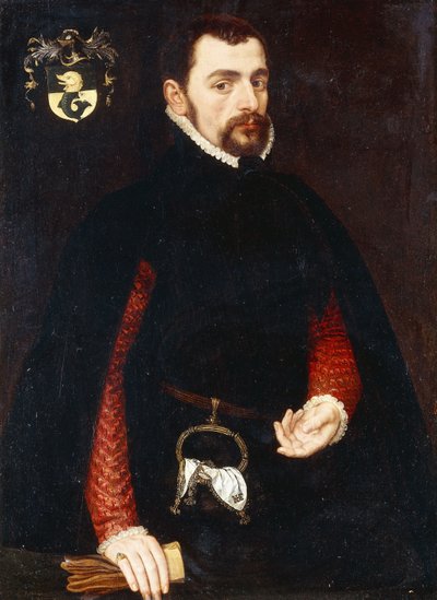 Portrait of a Gentleman aged 28, three-quarter length, in a black doublet with red sleeves and a black cape, with a purse and a handkerchief embroidered with the initials K by Anthonis van Dashorst Mor