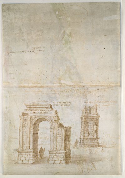 Panoramic View of Tarragona from the South (Seawards) (Sketches of Roman ruins at Tarragona and of a fortress) by Anthonis van den Wyngaerde