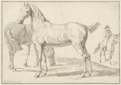 Two Horses in a Meadow, Rider on the Right by Anthony Jacobus Offermans