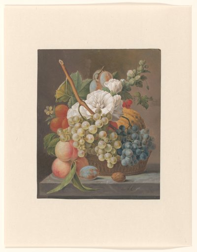 Still Life with Flowers and Fruit in a Basket by Anthony Oberman