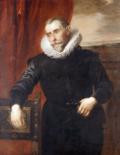 Portrait of Frans Snyders, half-length, in black costume, leaning on a chair, a landscape beyond by Anthony van Dyck