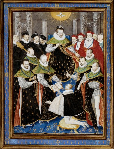 King Henry III presiding over the first ceremony of the Order of the Holy Spirit in 1587. Miniature by William Richardiere after Antoine Caron by Antoine (after) Caron