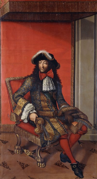 Portrait of King Louis XIV, seated full length, in an embroidered blue and gold coat with a white ruff and a fur trimmed hat, on a throne by Antoine (after) Dieu