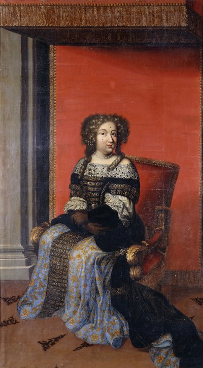 Portrait of Queen Maria Theresa, seated full length, in a jewel-encrusted black bodice with lace collar and a blue and gold skirt, on a throne by Antoine (after) Dieu