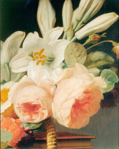 Bouquet of Lilies and Roses in a Basket on a Chiffonniere (Detail) by Antoine Berjon