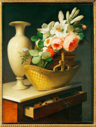 Bouquet of Lilies and Roses in a Basket on a Chiffonier by Antoine Berjon