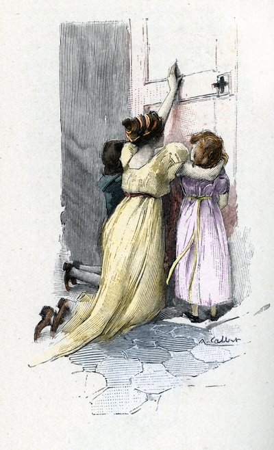Josephine de Beauharnais crying with her children Hortense and Eugene at the door of the room of Napoleon Bonaparte refusing to open him after learning of his extramarital adventures during his stay in Egypt by Antoine Calbet
