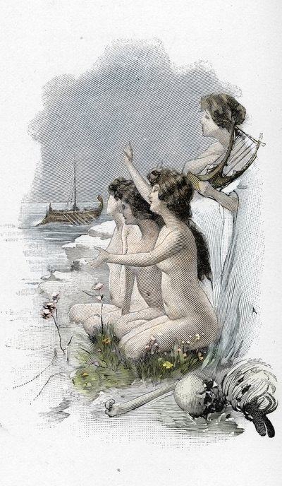 Odyssey by Homer: Odysseus and the sirens who sang an enchanting song that normally caused passing sailors to steer towards the rocks, only to hit them and sink. Illustration by Antoine Calbet for 