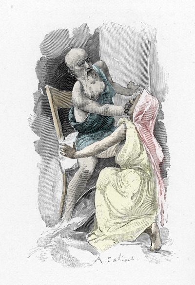 Odyssey by Homer: Odysseus, disguised as a beggar, swears Eurycleia who has recognized him, to secrecy. Illustration by Antoine Calbet by Antoine Calbet
