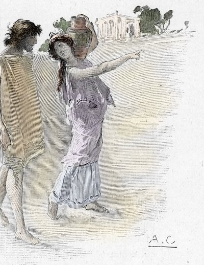 Odyssey by Homer: Odysseus helped by Athena disguised as a young girl arrives to Alcinoos
