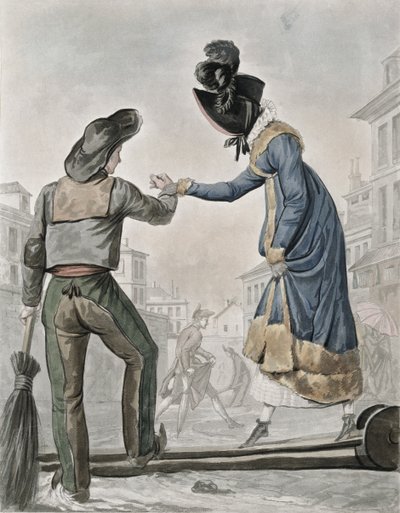 A Woman Paying a Street Sweeper to Cross a Gangplank Over a Dirty Street by Antoine Charles Horace Vernet