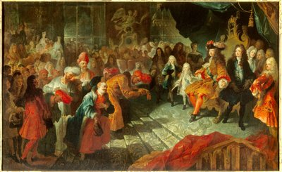 King Louis XIV receives the Ambassador Extraordinary of Persia Mehemet Reza Bey in the gallery of the ice cream in Versailles by Antoine Coypel