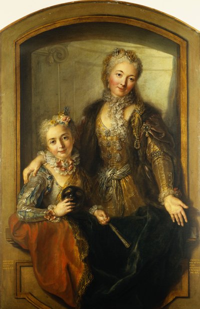 Portrait of Madame Dupille and Her Daughter, Mid-Body, Dressed in Ball Gowns in a Window, 1733 by Antoine Coypel