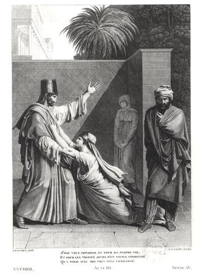 Esther Imploring Assuerus in the Presence of Aman, Illustration from Esther by Jean Racine engraved by J.J. Coiny by Antoine Denis Chaudet