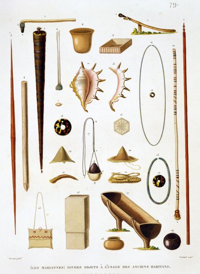 Household utensils and weapons from the Mariannas Islands, from Voyage autour du Monde, by Louis Claude Desaulses de Freycinet, engraved by Jean Louis Denis Coutant, published 1824 by Antoine Germain Bevalet