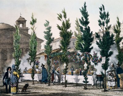 Food fryers at Pantheon during feast of St Joseph, engraving from Un an a Rome et dans ses environs (One year in Rome and in its surroundings), France by Antoine Jean Baptiste Thomas