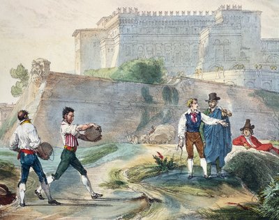 Playing ruzzica, colour lithograph from One year in Rome and its surroundings by Antoine Jean Baptiste Thomas