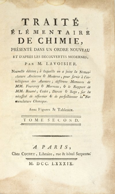 Titlepage of Traite Elementaire de Chimie, Tome II, published in Paris, 1789 by Antoine Laurent de Lavoisier
