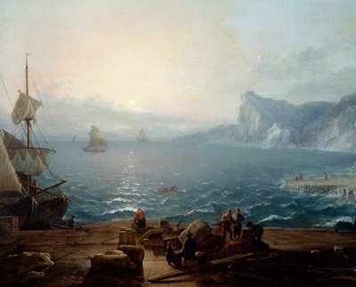 Sunset. A landscape of cliffs and rocks on the sea, with fishermen in the foreground (detail) by Antoine Lebel