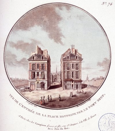View of the entrance to Place Dauphine by Pont Neuf, Paris. In picturesque views of the main buildings of Paris by Sergeant by Antoine Louis Francois Sergent Marceau