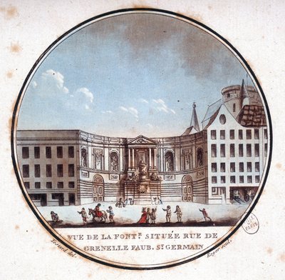 View of the fountain located rue de Grenelle Faubourg Saint Germain, present fountain of Grenelle. In picturesque views of the main buildings of Paris by Antoine Louis Francois Sergent Marceau