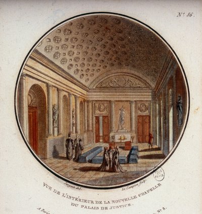 View of the interior of the new chapel of the courthouse, now Sainte Chapelle, Paris. In picturesque views of the main buildings of Paris by Sergeant by Antoine Louis Francois Sergent Marceau