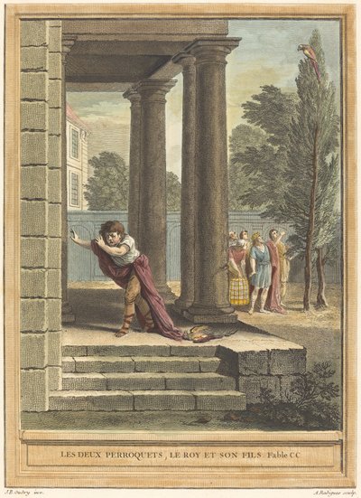 Two Parrots, the King, and His Son by Antoine Radigues after Jean Baptiste Oudry