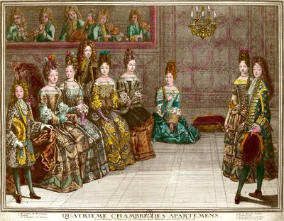 Dance in the fourth bedroom of the apartments of the family of Louis XIV (1638-1715) during the evenings of apartment in Versailles around 1696: the Duke of Chartres dances the minuet with Mademoiselle in the presence of the Duchess of Maine, the Duke of B by Antoine Trouvain
