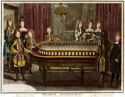 Philippe of France, Duke of Anjou, then King of Spain, Charles, Duke of Berry and Prince of Wales playing portico in the first apartment of Louis XIV in Versailles - Engraving by Antoine Trouvain by Antoine Trouvain