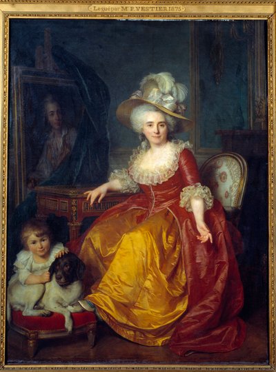 Portrait of Madame Vestier (1740-1831) with a child pinching the ear of a dog by Antoine Vestier