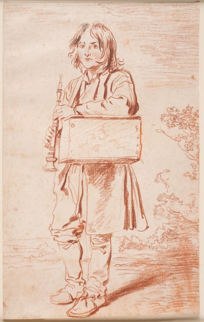 Young Savoyard. Full Figure Facing Left, Standing, with a Box Containing a Marmot Over One Shoulder, Holding a Flute in His Hands by Antoine Watteau