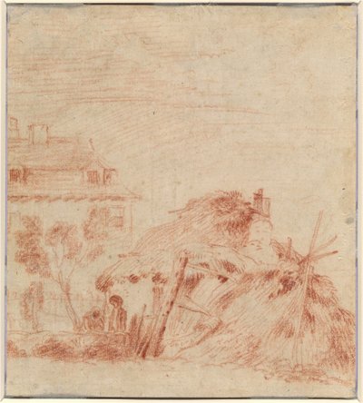 View of a House, a Cottage, and Two Figures [verso] by Antoine Watteau
