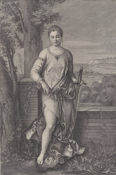 Judith standing with her foot on the head of Holofernes by Antoinette Larcher