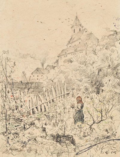 Farm Girl in Garden, Behind Church and Village by Anton Brioschi