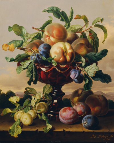 Still Life with Peaches and Plums in a Red Glass Bowl by Anton Hartinger