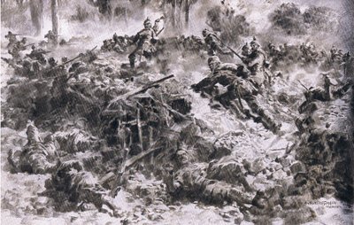 The Wuenttemberg King Grenadiers breaking through enemy placements in the Argonnes, from The Illustrated History of the World War 1914-1915 pub. by Union Berlagsefellfchaft by Anton Hoffman