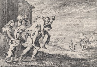 Aeneas Fleeing Troy, with a Group of Six Figures Leaving the City at Left, Aeneas Carrying by Anton Joseph von Prenner